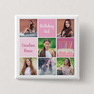 Pink Foto Collage Custom Women's Birthday Party Button