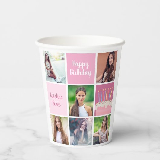 Pink Foto Collage Custom Women's Birthday Party Pappbecher (Rückseite)