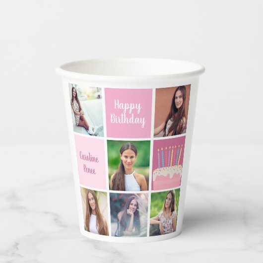 Pink Foto Collage Custom Women's Birthday Party Pappbecher (Vorderseite)