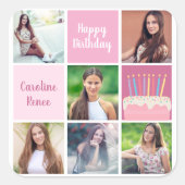 Pink Foto Collage Custom Women's Birthday Party Quadratischer Aufkleber (Vorderseite)