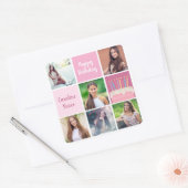 Pink Foto Collage Custom Women's Birthday Party Quadratischer Aufkleber (Umschlag)