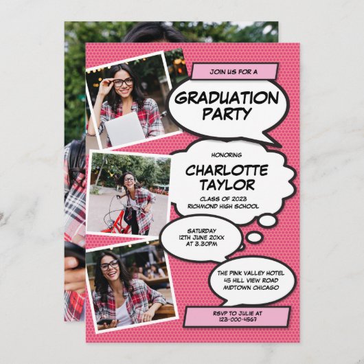 Pink Foto Collage Moderne Fun Graduation Party Einladung (Vorne/Hinten)