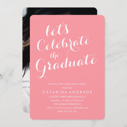 Pink Foto Graduation Party Girly Modern Script Einladung (Vorne/Hinten)