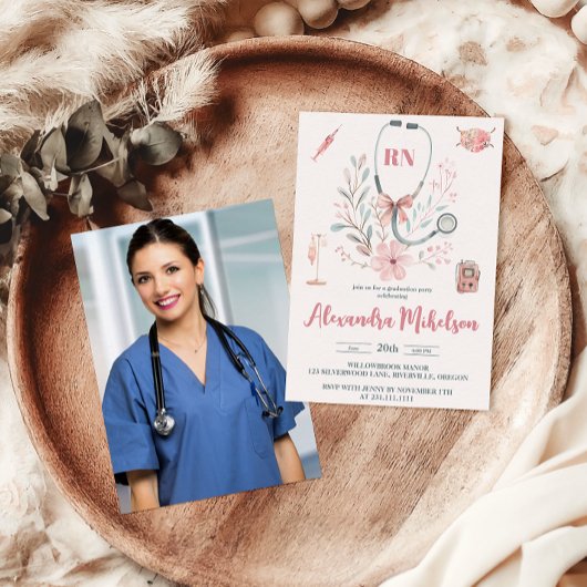 Pink Foto Watercolor Nursing School Graduate Einladung