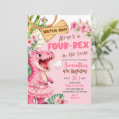 Pink Four Rex On The Loose Fourth Birthday Einladung (Stehend Vorderseite)