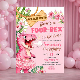 Pink Four Rex On The Loose Fourth Birthday Einladung