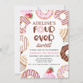 Pink Fourever Sweet Donut 4. Geburtstag Party Einladung (Vorderseite)