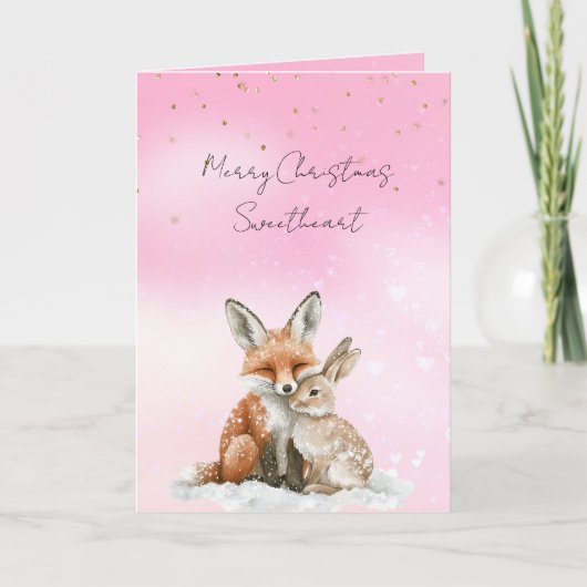 Pink Fox Bunny Love Glitter Sweetheart Christmas Karte (Vorderseite)