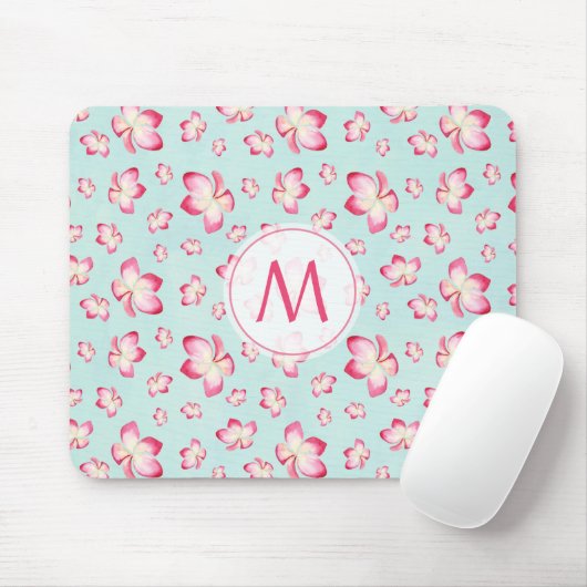 Pink Frangipani Monogram Aqua Mousepad (Mit Mouse)