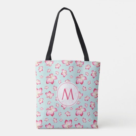 Pink Frangipani Monogram Aqua Tasche (Rückseite)
