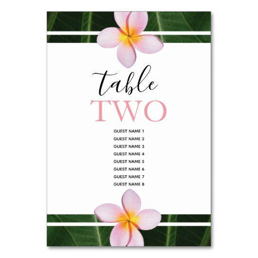 Pink Frangipani Plumeria Wedding Guest Names Tischnummer (Vorderseite)