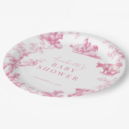 Pink French Country Farm Animal Girl Baby Dusche Pappteller (Schrägansicht)