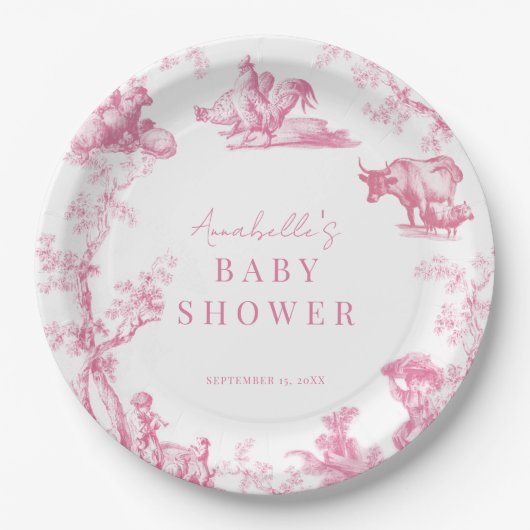 Pink French Country Farm Animal Girl Baby Dusche Pappteller (Vorderseite)
