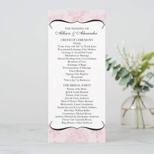 Pink French Lace Wedding Programm (Stehend Vorderseite)