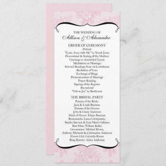 Pink French Lace Wedding Programm (Vorne/Hinten)