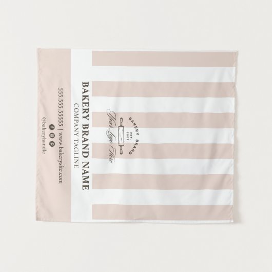 Pink French Stripes Bakery Logo Table Runner  Wandteppich (Vorderseite (Horizontal))