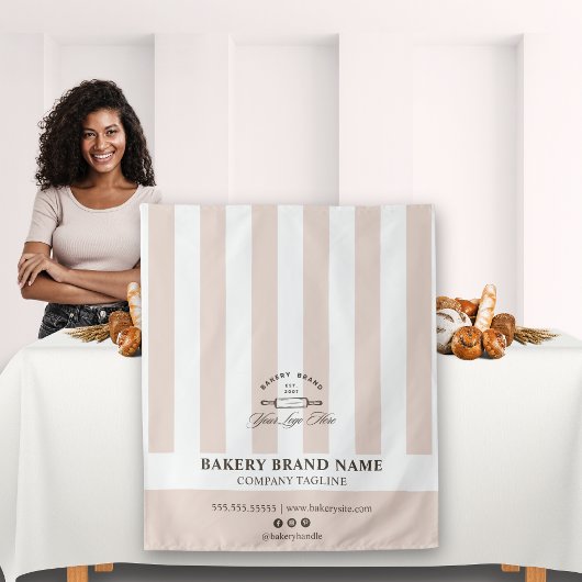 Pink French Stripes Bakery Logo Table Runner Wandteppich