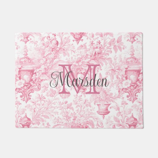 Pink French Toile de Jouy Monogram Initial Name Fußmatte (Vorderseite)