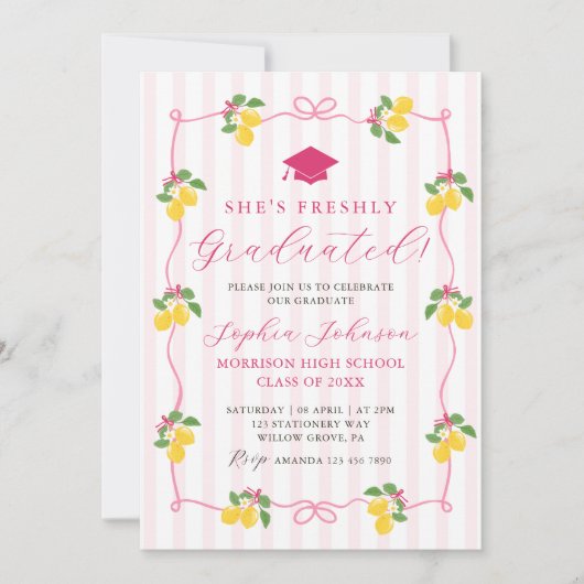 Pink Freshly Lemon Citrus Graduation Party Einladung (Vorderseite)