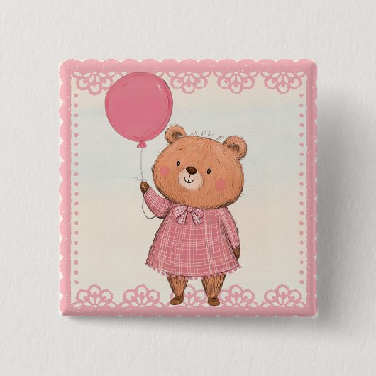 Pink Fringe Dress Bear mit Pink Ballon Button (Vorderseite)