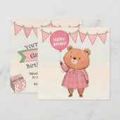 Pink Fringe Dress Bear mit Pink Ballon Einladung (Vorne/Hinten)
