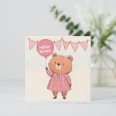 Pink Fringe Dress Bear mit Pink Ballon Einladung (Stehend Vorderseite)