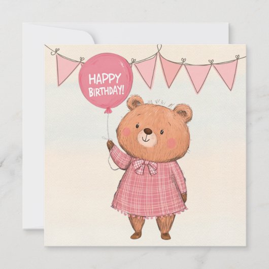 Pink Fringe Dress Bear mit Pink Ballon Einladung (Vorderseite)