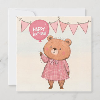 Pink Fringe Dress Bear mit Pink Ballon Einladung
