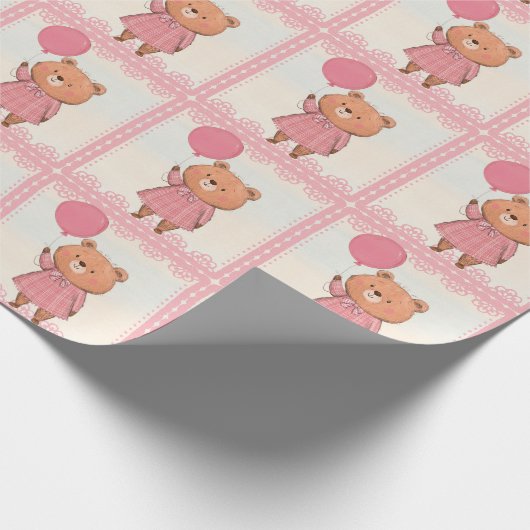 Pink Fringe Dress Bear mit Pink Ballon Geschenkpapier (Ecke)