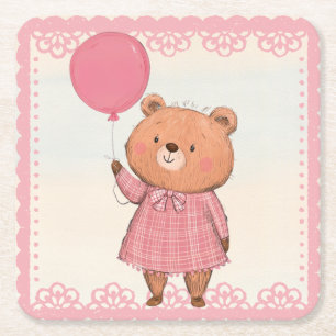 Pink Fringe Dress Bear mit Pink Ballon Rechteckiger Pappuntersetzer