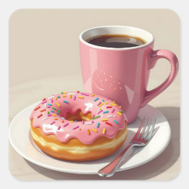 Pink Frosted Donut and Coffee  Quadratischer Aufkleber