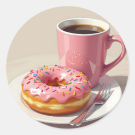 Pink Frosted Donut and Coffee Runder Aufkleber