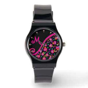 PINK FUCHSIA BLACK ABSTRAKT DEKO MONOGRAM ARMBANDUHR