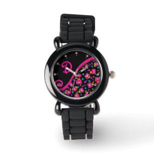 PINK FUCHSIA BLACK ABSTRAKT DEKO MONOGRAM ARMBANDUHR