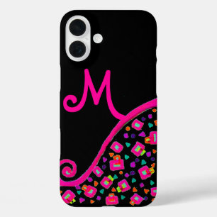 PINK FUCHSIA BLACK ABSTRAKT DEKO MONOGRAM iPhone 16 PLUS HÜLLE