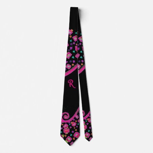 PINK FUCHSIA BLACK ABSTRAKT DEKO MONOGRAM KRAWATTE (Vorderseite)