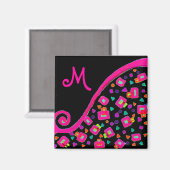 PINK FUCHSIA BLACK ABSTRAKT DEKO MONOGRAM MAGNET (Vorderseite/Rückseite)