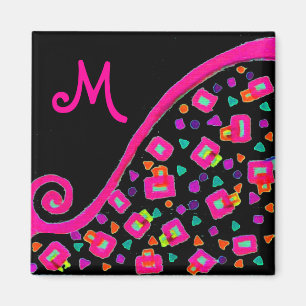 PINK FUCHSIA BLACK ABSTRAKT DEKO MONOGRAM MAGNET