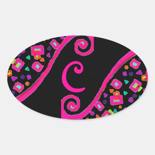 PINK FUCHSIA BLACK ABSTRAKT DEKO MONOGRAM OVALER AUFKLEBER (Vorderseite)