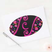 PINK FUCHSIA BLACK ABSTRAKT DEKO MONOGRAM OVALER AUFKLEBER (Umschlag)