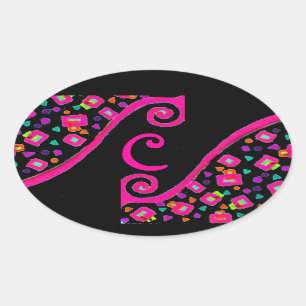 PINK FUCHSIA BLACK ABSTRAKT DEKO MONOGRAM OVALER AUFKLEBER