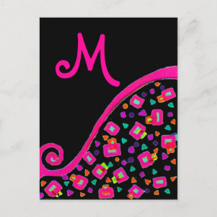 PINK FUCHSIA BLACK ABSTRAKT DEKO MONOGRAM POSTKARTE
