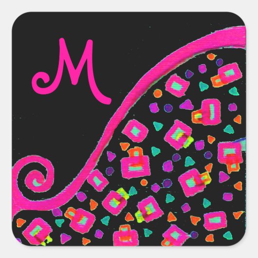 PINK FUCHSIA BLACK ABSTRAKT DEKO MONOGRAM QUADRATISCHER AUFKLEBER (Vorderseite)