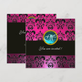 PINK FUCHSIA BLACK DAMASK MONOGRAM, blau aquamarin Einladung (Vorne/Hinten)