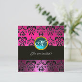 PINK FUCHSIA BLACK DAMASK MONOGRAM, blau aquamarin Einladung (Stehend Vorderseite)