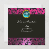 PINK FUCHSIA BLACK DAMASK MONOGRAM, blau aquamarin Einladung (Rückseite)
