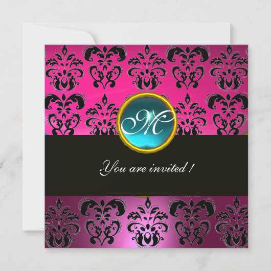PINK FUCHSIA BLACK DAMASK MONOGRAM, blau aquamarin Einladung (Vorderseite)