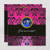 PINK FUCHSIA BLACK DAMASK MONOGRAM, blauer Saphir Einladung (Vorne/Hinten)