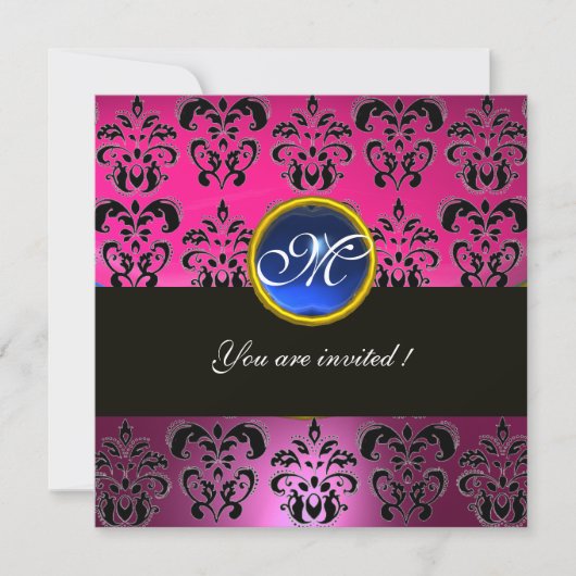 PINK FUCHSIA BLACK DAMASK MONOGRAM, blauer Saphir Einladung (Vorderseite)