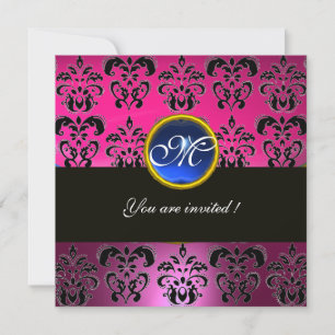 PINK FUCHSIA BLACK DAMASK MONOGRAM, blauer Saphir Einladung